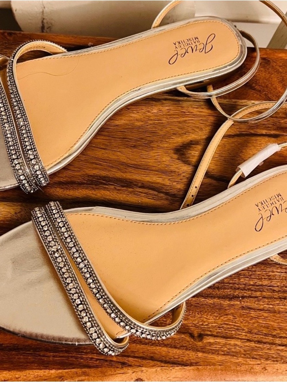 Jewel Badgley Mischka Silver Rhinestone and Champagne Color Strap Flat Shoes